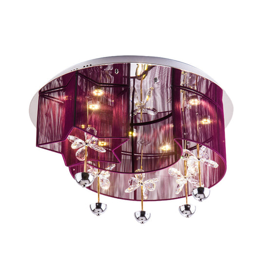Modern LED Flushmount Ceiling Light with Crystal Decor - Red/Silver Fabric, Crescent and Star Design
