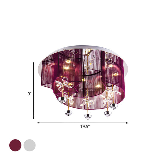 Modern LED Flushmount Ceiling Light with Crystal Decor - Red/Silver Fabric, Crescent and Star Design