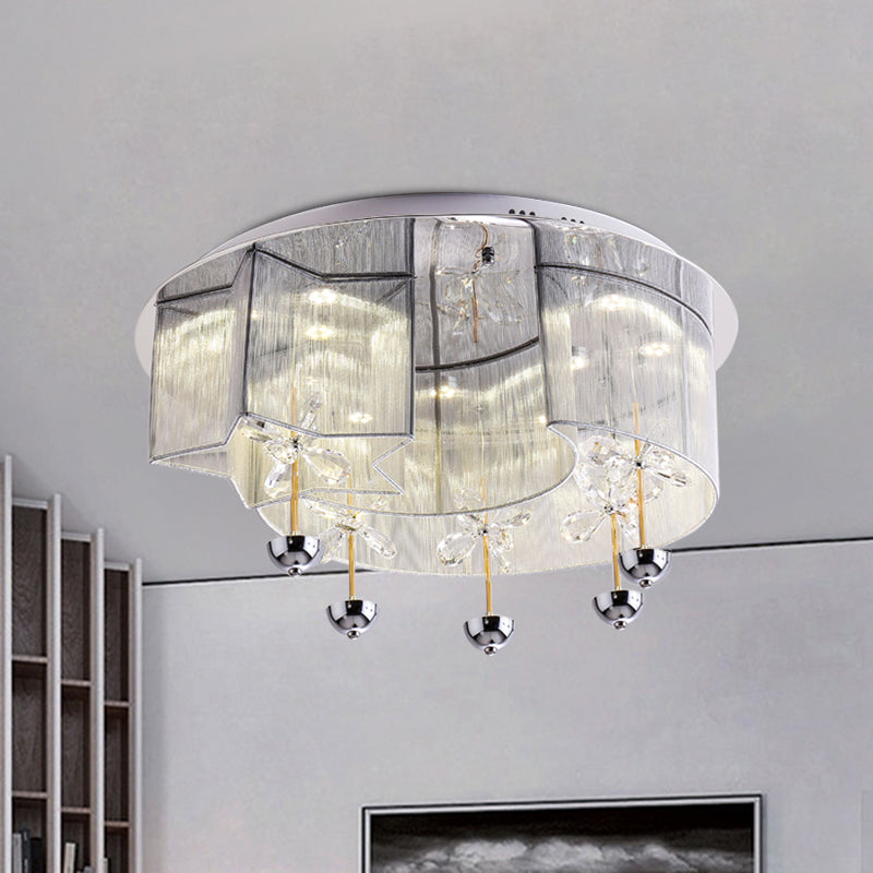 Modern LED Flushmount Ceiling Light with Crystal Decor - Red/Silver Fabric, Crescent and Star Design