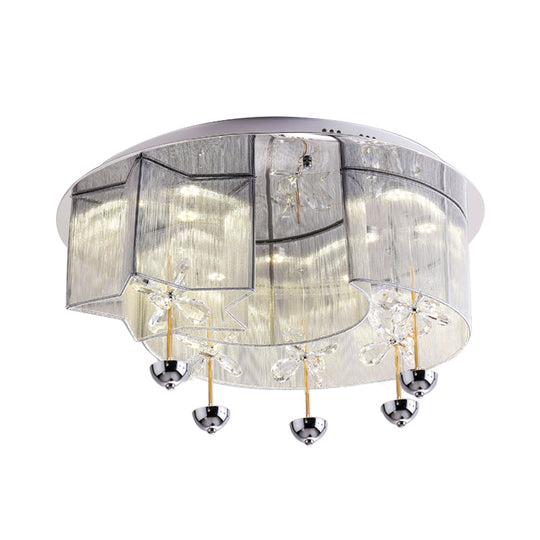 Modern LED Flushmount Ceiling Light with Crystal Decor - Red/Silver Fabric, Crescent and Star Design