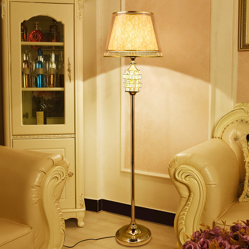 Gold Print Fabric Floor Lamp with Tapered Shade and Crystal Accents
