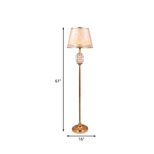Gold Print Fabric Floor Lamp with Tapered Shade and Crystal Accents