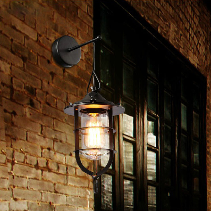 Industrial Wall Mounted Light with Clear Glass for Porch: Caged Black Bulb Fixture
