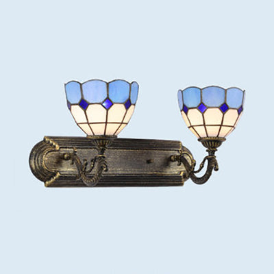 Mediterranean Stained Glass Wall Lamp in Antique Bronze for Bedroom - Blue Bowl Sconce Lighting with 2 Lights