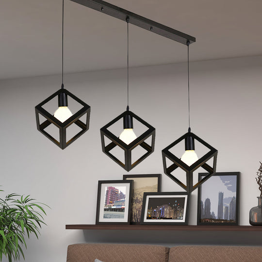 Metal Industrial Pendant Light with Wire Cage Shade - 3 Bulbs, Black/White, Living Room Ceiling Lamp