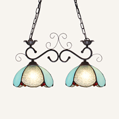 Stylish Tiffany Island Pendant Light with Blue Scalloped Shade and Stainless Glass - Perfect for Dining Room