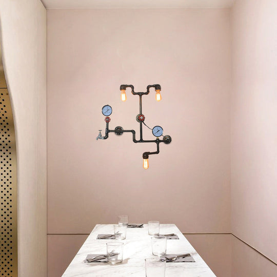 Rustic Iron 3-Light Bicycle Sconce with Black/Bronze Finish and Faucet Gauge for Dining Room Wall