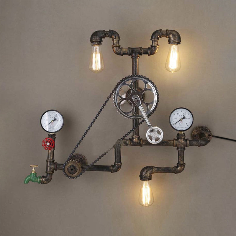 Rustic Iron 3-Light Bicycle Sconce with Black/Bronze Finish and Faucet Gauge for Dining Room Wall