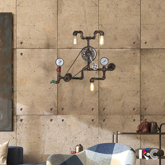 Rustic Iron 3-Light Bicycle Sconce with Black/Bronze Finish and Faucet Gauge for Dining Room Wall