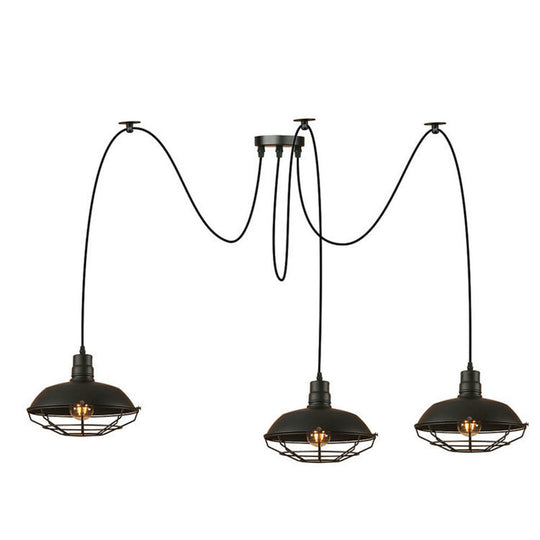 Barn Shade Metal Pendant Light - Industrial Style - 3 Lights - Kitchen Ceiling Fixture - Wire Frame - Swag Design - Black