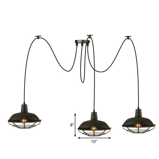 Barn Shade Metal Pendant Light - Industrial Style - 3 Lights - Kitchen Ceiling Fixture - Wire Frame - Swag Design - Black