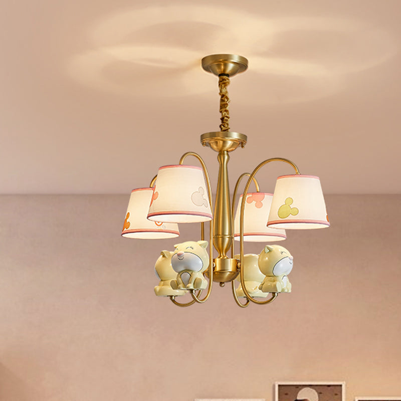 Cartoon Chandelier Light: Brass Finish, Curved Arm with 4 Lights, Fabric Shade and Dog Decor