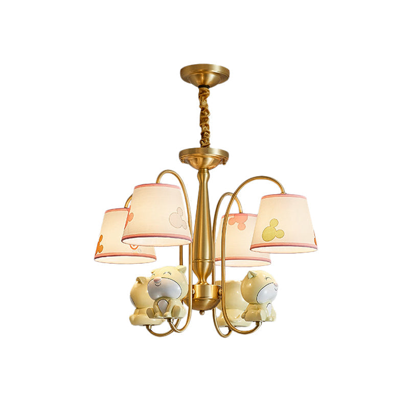 Cartoon Chandelier Light: Brass Finish, Curved Arm with 4 Lights, Fabric Shade and Dog Decor