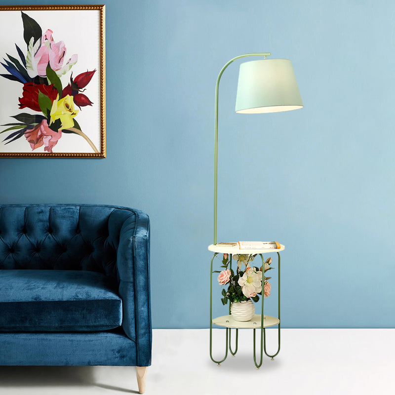 Blackish Green Modernist Floor Lamp with Single Bulb, Fabric Shade, and Desk Stand