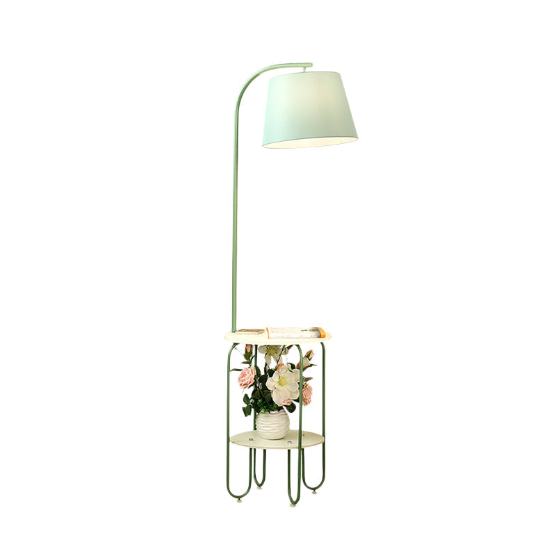 Blackish Green Modernist Floor Lamp with Single Bulb, Fabric Shade, and Desk Stand