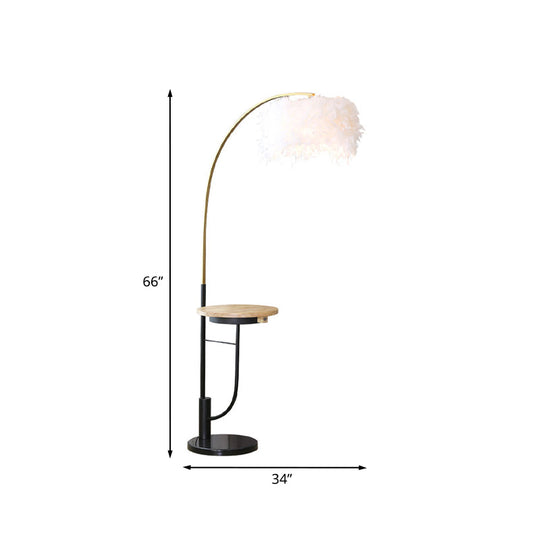 Modern Single Gold and Black Standing Lamp: Fishing Rod Style with White Feather Drum Shade