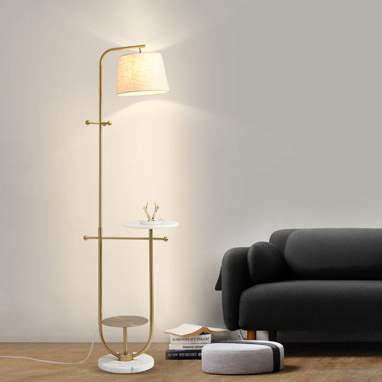 Modern Curved Arm Table Lamp with Gold Finish - Sleek Metal Design with Fabric Shade