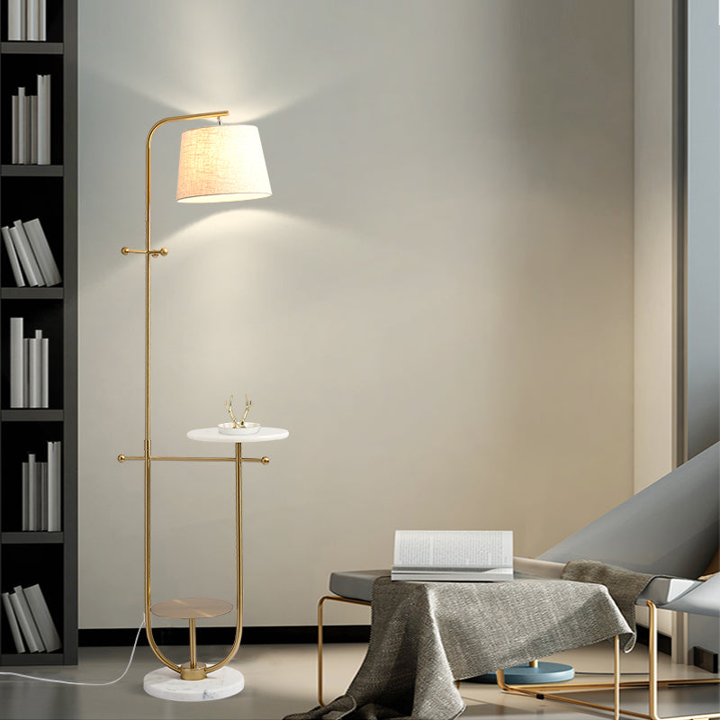 Modern Curved Arm Table Lamp with Gold Finish - Sleek Metal Design with Fabric Shade