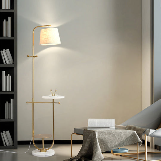 Modern Curved Arm Table Lamp with Gold Finish - Sleek Metal Design with Fabric Shade