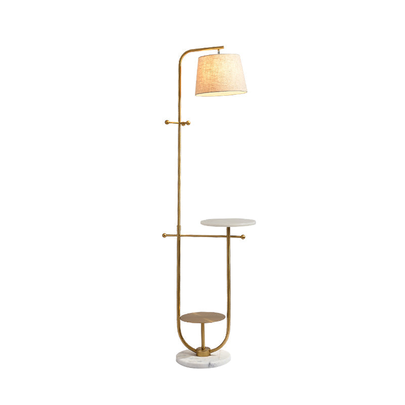 Modern Curved Arm Table Lamp with Gold Finish - Sleek Metal Design with Fabric Shade