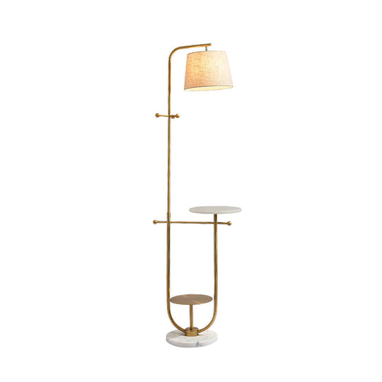 Modern Curved Arm Table Lamp with Gold Finish - Sleek Metal Design with Fabric Shade