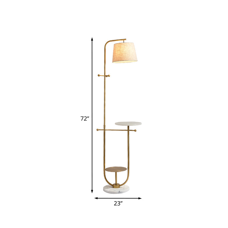 Modern Curved Arm Table Lamp with Gold Finish - Sleek Metal Design with Fabric Shade