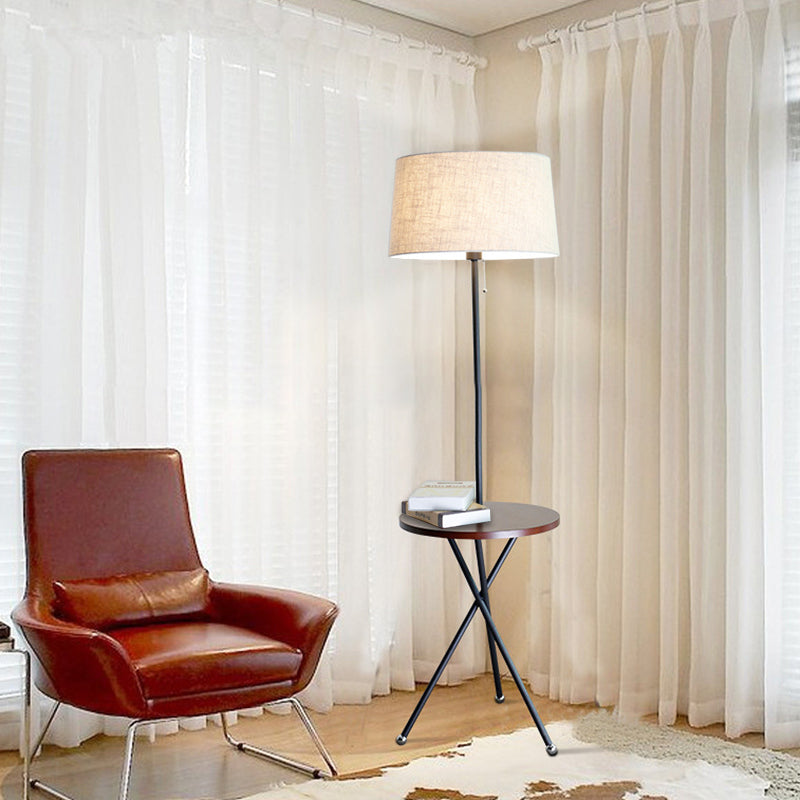 Modern Drum Floor Lamp for Living Room - Single Light Standing Lamp in Flaxen Fabric