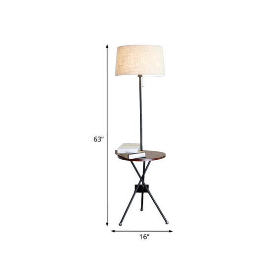 Modern Drum Floor Lamp for Living Room - Single Light Standing Lamp in Flaxen Fabric
