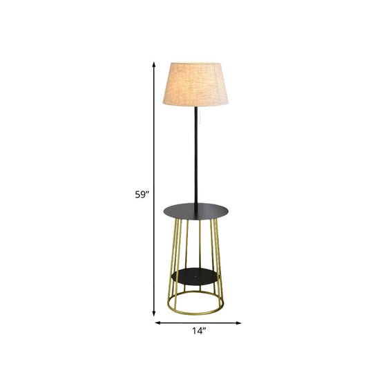 Modernist Fabric Barrel Shade Standing Table Lamp - Single Black & Gold Finish with Pull Chain