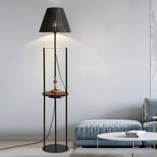 Contemporary Pleated Fabric Conic Floor Table Lamp - 1 Light, Black Standard Design for Bedside