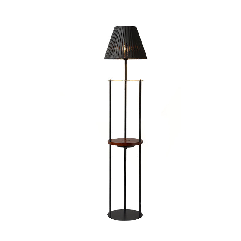 Contemporary Pleated Fabric Conic Floor Table Lamp - 1 Light, Black Standard Design for Bedside