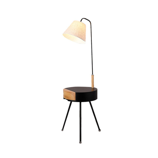 Modern Tripod Floor Lamp with Metallic Single Head, Wood Stand, and Fabric Shade - Black/Grey/White