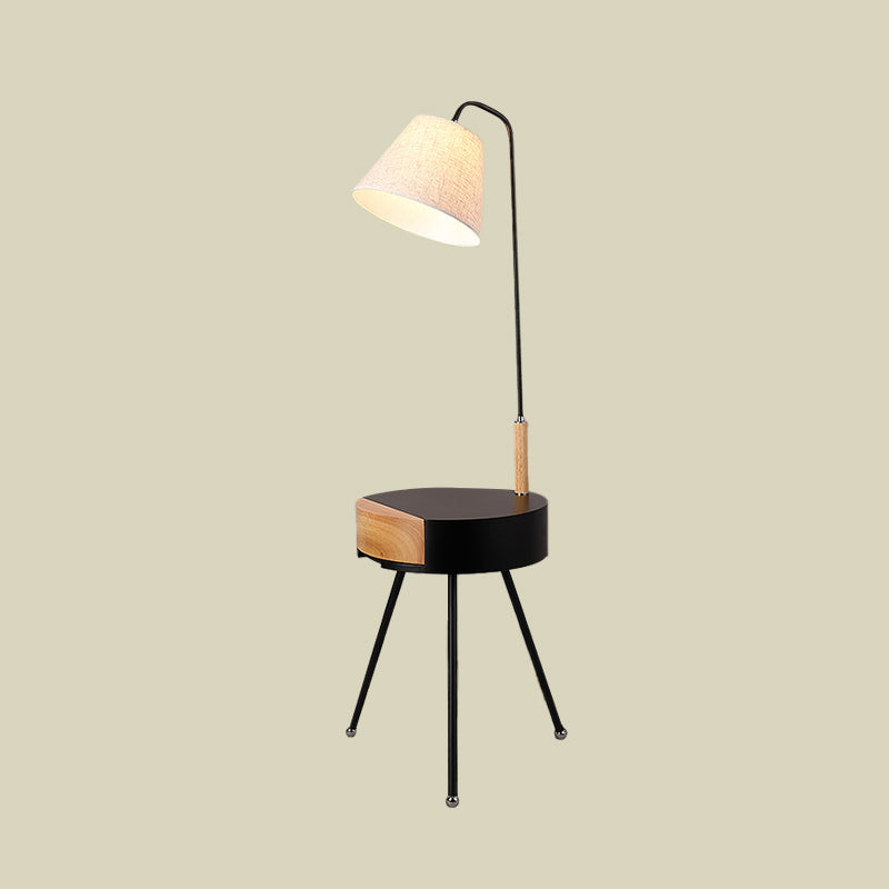 Modern Tripod Floor Lamp with Metallic Single Head, Wood Stand, and Fabric Shade - Black/Grey/White