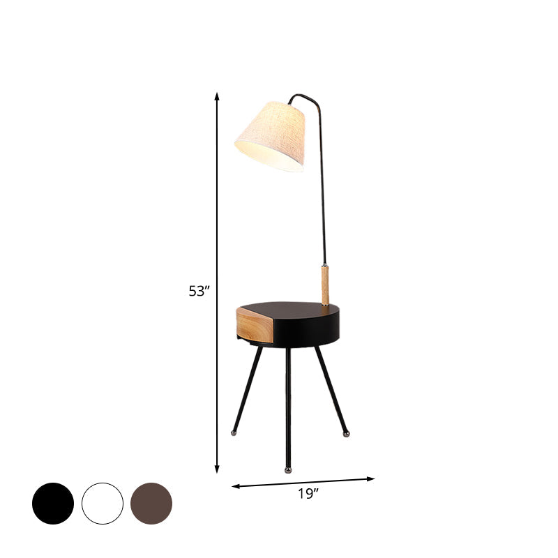 Modern Tripod Floor Lamp with Metallic Single Head, Wood Stand, and Fabric Shade - Black/Grey/White