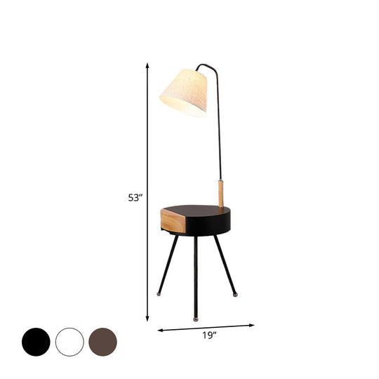 Modern Tripod Floor Lamp with Metallic Single Head, Wood Stand, and Fabric Shade - Black/Grey/White