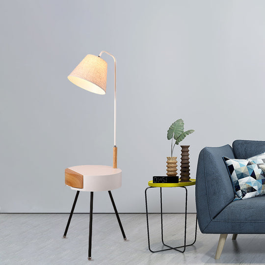 Modern Tripod Floor Lamp with Metallic Single Head, Wood Stand, and Fabric Shade - Black/Grey/White