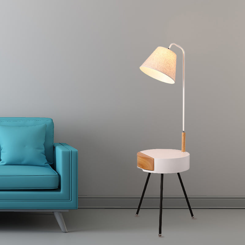 Modern Tripod Floor Lamp with Metallic Single Head, Wood Stand, and Fabric Shade - Black/Grey/White