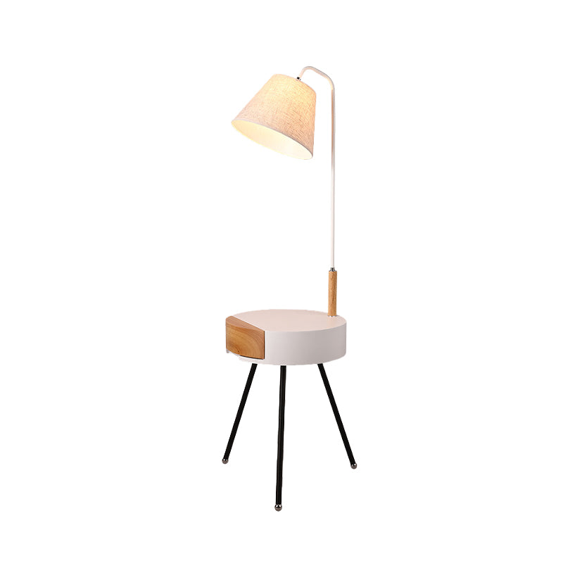 Modern Tripod Floor Lamp with Metallic Single Head, Wood Stand, and Fabric Shade - Black/Grey/White