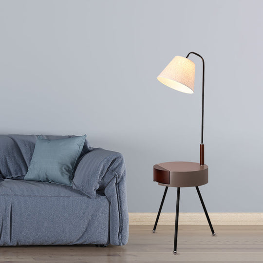 Modern Tripod Floor Lamp with Metallic Single Head, Wood Stand, and Fabric Shade - Black/Grey/White