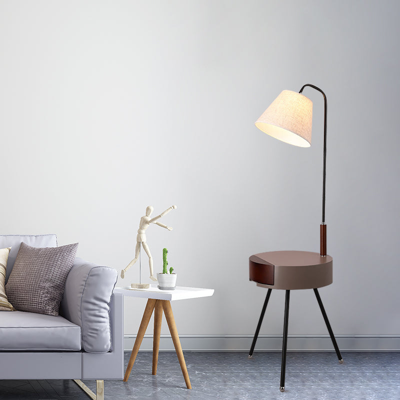 Modern Tripod Floor Lamp with Metallic Single Head, Wood Stand, and Fabric Shade - Black/Grey/White