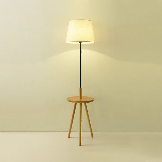 Modern Barrel Fabric Floor Lamp with Pull Chain - Black/White & Wood