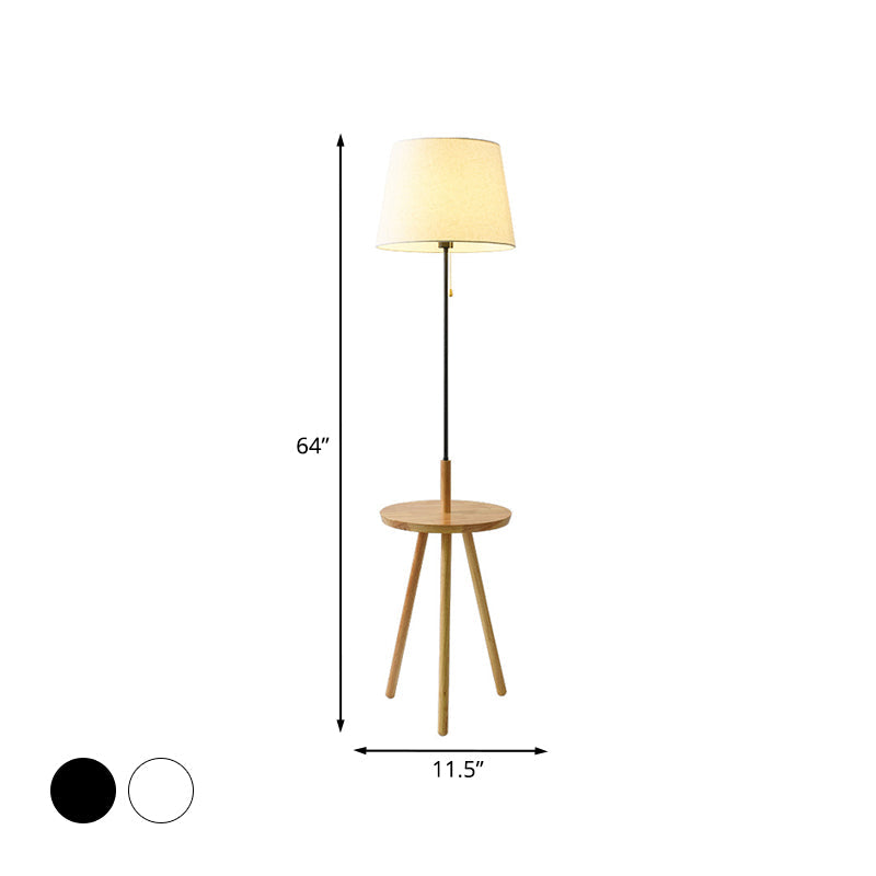 Modern Barrel Fabric Floor Lamp with Pull Chain - Black/White & Wood