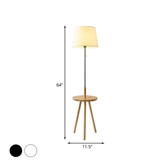 Modern Barrel Fabric Floor Lamp with Pull Chain - Black/White & Wood