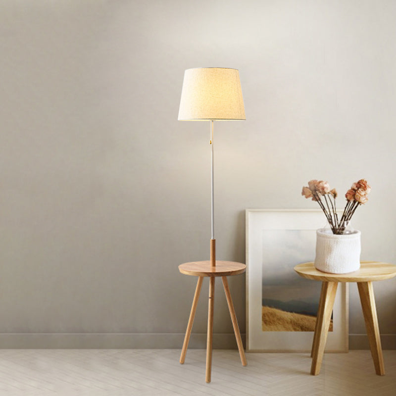 Modern Barrel Fabric Floor Lamp with Pull Chain - Black/White & Wood