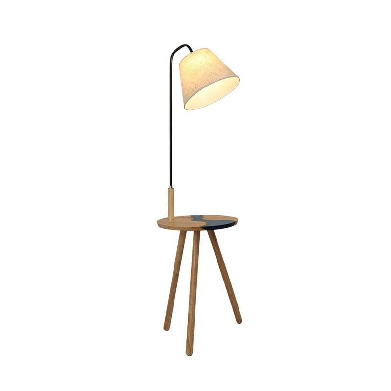 Contemporary White Wood Standing Lamp with Fabric Shade - Single Floor Table Light
