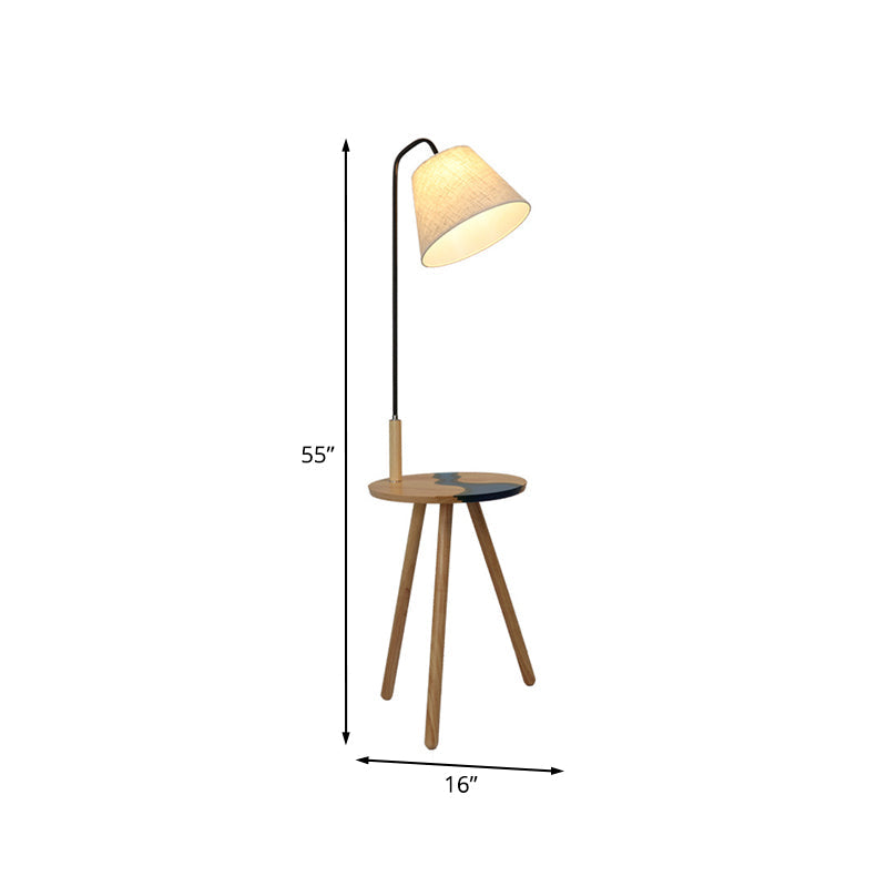 Contemporary White Wood Standing Lamp with Fabric Shade - Single Floor Table Light