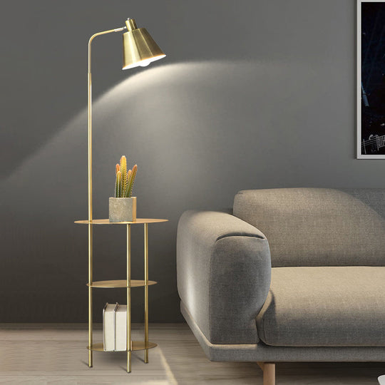 Modernism Standing Light with Gold Metal Shade - Cone Floor Table Lamp