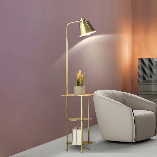 Modernism Standing Light with Gold Metal Shade - Cone Floor Table Lamp