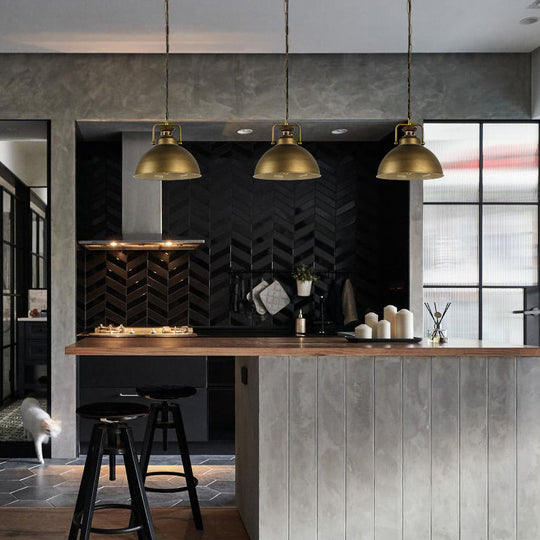 Vintage Retro Brass Pendant Lamp with Handle - Brushed Brass Domed Style, 1-Light Suspension for Kitchen