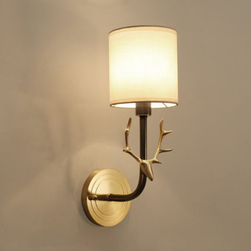 Modern 1/2 Lights Wall Sconce with Fabric Shade - Black/Gold Cylinder Wall Mount Fixture featuring Metal Antler